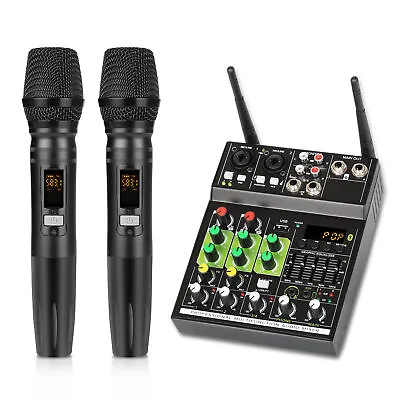 GT4 4 Channels Stereo Audio Mixer Build-in UHF Wireless 2 Microphones For DJ • $98.99