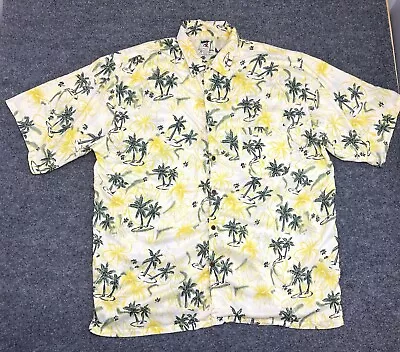 Joe Marlin Mens Hawaiian Camp Shirt Yellow W Palm Trees Textured Wood Buttons 2X • $15.29