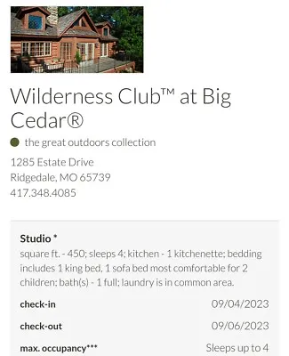 $99.99 • Buy Wilderness Club Big Cedar Sept '23 - 9/4 To 9/6 - Studio Sleeps 4 Labor Day