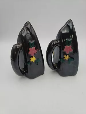 Vintage Pottery Salt & Pepper Set Iron Brown Flower Floral Pattern Japan Redware • $10.99