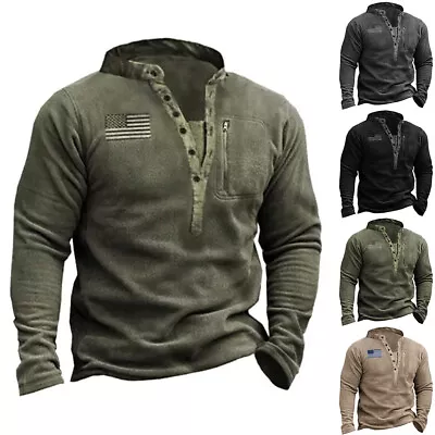 Mens Fleece Tactical T-Shirt Thermal Warm Sweatshirt Military Combat Jumper Tops • £10.39