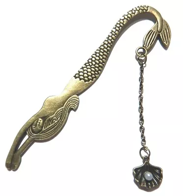 BRONZE MERMAID & PEARL BOOKMARK Metal Hook Pendant Fantasy Fairy Tale Marker A6 • $8.99