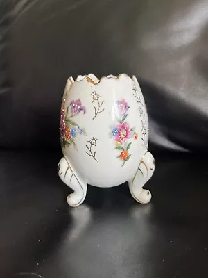 Vintage Porcelain Cracked Egg Shaped Vase With Floral Roses And Gold Trim 3 Feet • $18