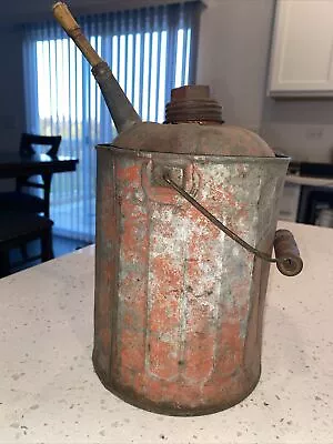 Old Red Metal Gas Oil Kerosene Can With Wood Handle • $28