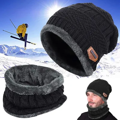 Unisex Beanie Hat Scarf Set Warm Thick Fleece Knitted Cap Neck Warmer Outdoor UK • £3.98