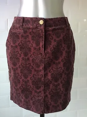 Size 10 M&s Burgundy Needlecord Skirt Jeans-style Mini Goth Whitby Damask Spring • £15