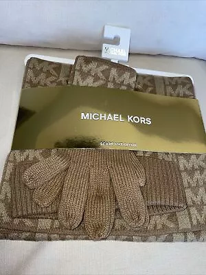 Michael Kors Linear Logo Scarf Hat Gloves Set 3 Pc Camel Gold Metallic $148 S43 • $65