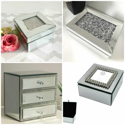 £18.99 • Buy Luxury Mirrored Glass Jewellery Box Diamante Crushed Diamonds Chest Silver Gift