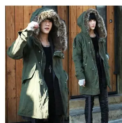 Men's Fur Collar Hooded Winter Thicken Slim Trench Long Coat Korean Jacket Parka • $65.41