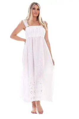 Women Pure Cotton Nightdress Victorian Style White Sleeveless Strap Embroidered • £21.95
