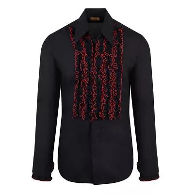 Chenaski Black/Red Ruffle Ruche Frill Dinner Tuxedo Retro 70s Shirt • $55.89