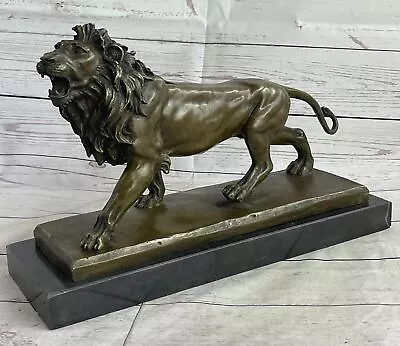 Roaring Lion Handmade Bronze On Marble Base Sculpture Statue Figurine Art Decor • $199.50