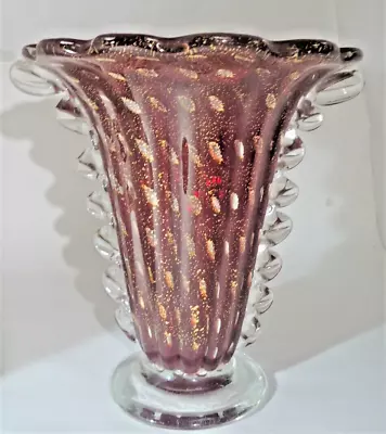 Barovier Murano Bullicante Rich Ruby Trumpet Vintage Art Glass Vase 7 H: Lavish! • $117