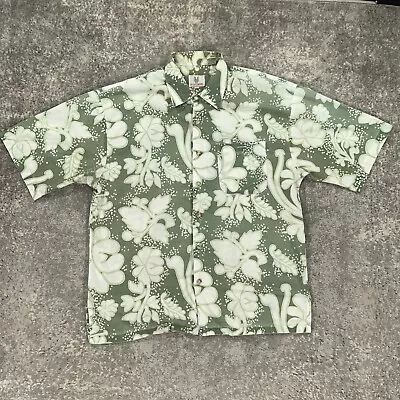 VTG Hawaiian Shirt Mens Large Green Floral Hippie All Over Print 90s Loop Collar • $13.98