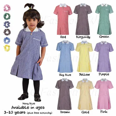 Ages 3-20 Girls School Gingham Summer Dress Pleated Blue Red Green Purple Gold • £9.95