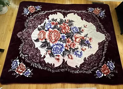 Heavy Mink Plush Korean Burgundy Flowers Blanket 62.5” X 80” • $45.99