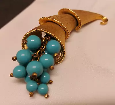 Kramer Brooch Cornucopia Horn Of Plenty Gold Tone Faux Turquoise Unsigned • $39.50