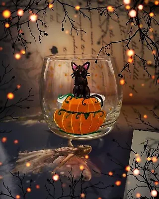 Hand Painted Halloween Pumpkin And Cat Glass Candle Holder  • £8.50