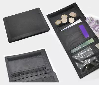 Mens Best Wallet Black Canvas Zip Coin Pocket Pouch Card Holder ID Window Boys • £4.99