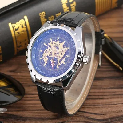 JARAGAR Men's Watch Unique Blue Glass Mechanical Skeleton Watches Leather Strap • £22.78