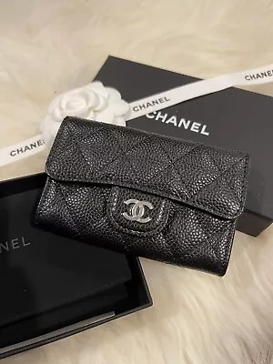$880 • Buy Brand New Classic Chanel Caviar Quilted Flap Card Holder Wallet Black Silver CC