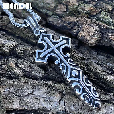 MENDEL Mens Stainless Steel Gothic Biker Skull Cross Pendant Necklace For Men • $11.99