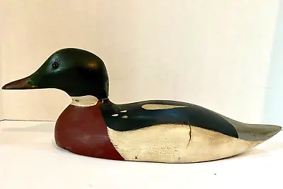 Vint Wood Red-breasted Merganser Duck Decoy Glass Eyes Crack In Neck Unsigned • $100