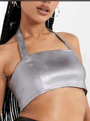 Brand New BOOHOO Iridescent  Silver Halterneck Cropped Bralet Top Size 14 • £2.99