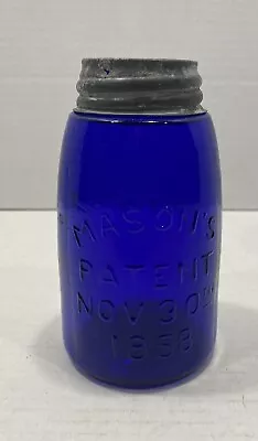 Cobalt Blue Fruit Jar - 971 Midget Masons Patent Nov 30 1858 With Zinc Lid. • $125