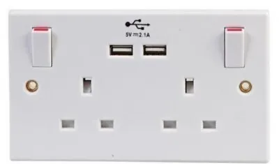 Double Wall Socket Mains With 2 USB Twin Fast Charger Plug Switched Ports 2 Gang • £13.90