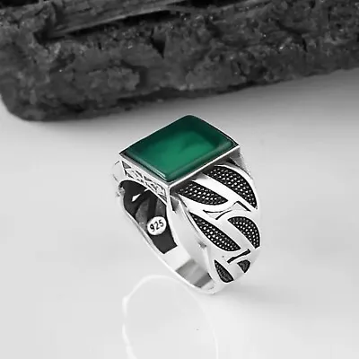 Natural Green Agate Aqeeq Handmade Genuine Real 925 Sterling Silver Ring For Men • £42.56