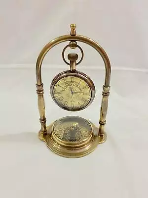 Antique Brass Hanging Table Clock With Compass Vintage Birthday -Wedding Gift • $63.18