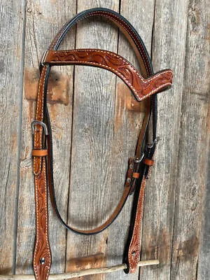 Floral (V) Browband Medium Oil Headstall/Bridle Hand Tooled. • $79.99