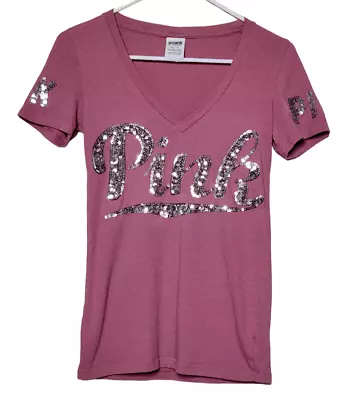 Victorias Secret PINK Womens XS T-Shirt Short Sleeve Sequin Tee Top V-Neck • $12.79