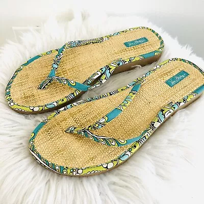 *New* Vera Bradley Blue & Tan Straw Flip Flop Slip On Sandals ~ Size 10 • $19.99