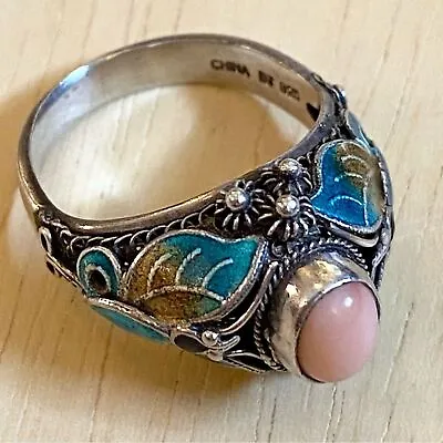 QVC 925 Sterling Silver Artisan Crafted Butterfly Cloisonne' And Pink Coral Ring • £56.90