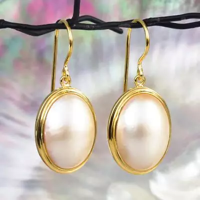 Earrings White Mabe Pearl Oval & 18K Gold Vermeil Over 925 Sterling Silver 5.57g • $72