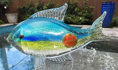 Vintage Blue And Yellow Striped Murano GLASS Fish Amber/White/Clear 4.5  • $88