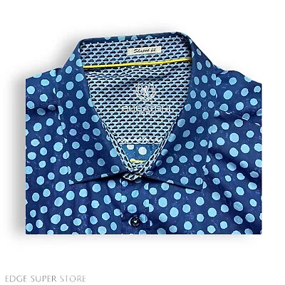 Bugatchi Uomo Blue Polka Dot Dress Button Up Flip Cuff Long Sleeve Shirt Size XL • $29.99