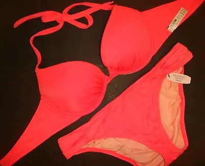 Victoria's Secret 34A BIKINI S Knockout Bottom Coral NEON PINK Stitched Push Up • $139.17