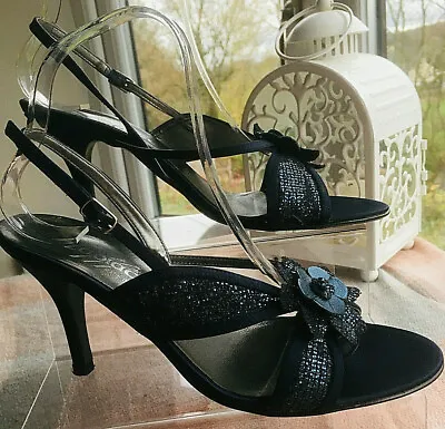 £9.99 • Buy Navy Satin Sparkle Strappy Flower Detail Peep Toe Italian Party Shoes Size EU 39