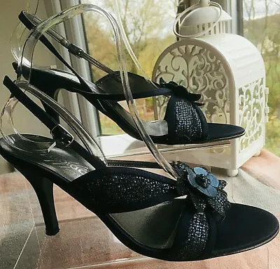 Navy Satin Sparkle Strappy Flower Detail Peep Toe Italian Party Shoes Size EU 39 • £9.99