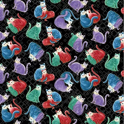 Fabric Cats Mardi Gras Mini Watercolor Black BERNARTEX Cotton 1/4 Yard 7557MB-12 • $1.99