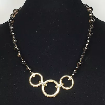 WHBM Necklace 20  White House Black Market Brown Quartz Beads - Gold Tone Circle • $22