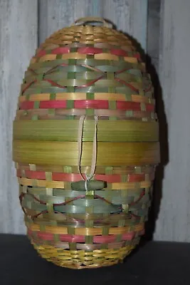 Vintage Wicker Easter Egg Shaped Basket Two Piece Woven Pastels Decor 10 In • $8.95