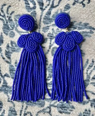 J Crew Cobalt Blue Beaded Seed Bead Tassel Fringe Drop Leather Back Earrings • $29.74