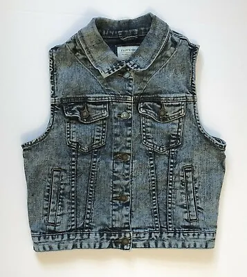 I Love H81 Blue Jean Vest Top Measures Medium Sleeveless Denim With Pockets • $13.99