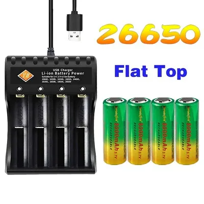 2-6Pcs 26650 Battery 3.7V 8000mAh Rechargeable   Batteries Flat Top UK • £10.82