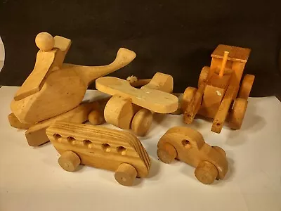 6 Vintage Hand Made Folk Art Wooden Toys Bulldozer Cars Airplane Helicopter 70s • $35