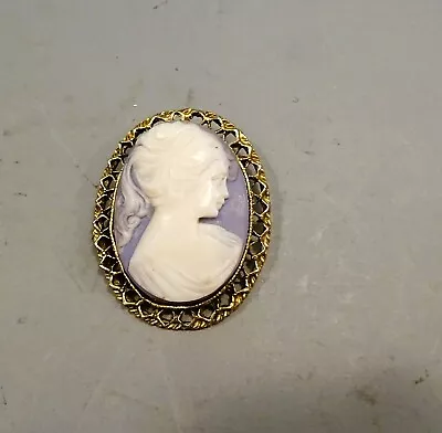 Cameo Vintage Blue And White Girl Woman Brooch Pin • $9